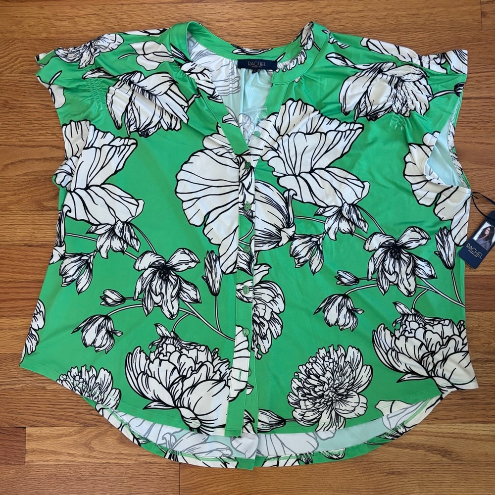RACHEL Rachel Roy Button Up Blouse Women’s 2X Green White Floral Shirt Vneck New